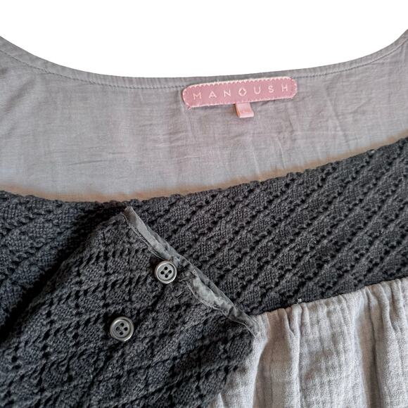 Manoush Boho Embroidered Peasant Top Gray Black Cotton Blouse Size L - Picture 7 of 11
